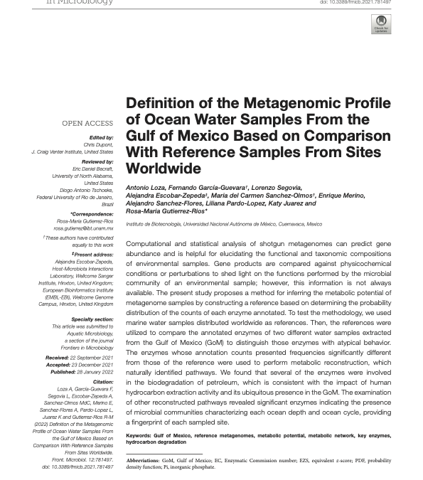 Nuevo artículo: Definition of the Metagenomic Profile of Ocean Water Samples From the Gulf of Mexico Based on Comparison With Reference Samples From Sites Worldwide